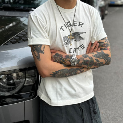 做旧龟裂老虎印花复古短袖T恤