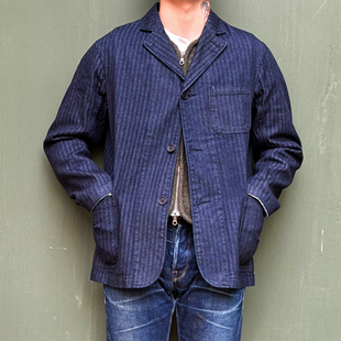 Workers Japan气质复古 质感蓝染人字纹牛仔休闲三粒扣西装夹克