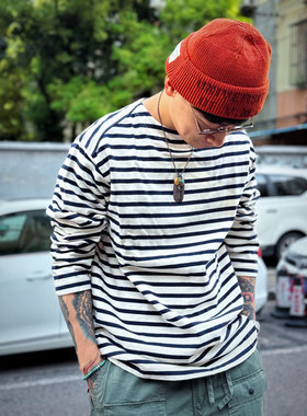 BARNS City Boy风宽松重磅日产经典蓝白条纹海魂衫长袖&短袖T恤