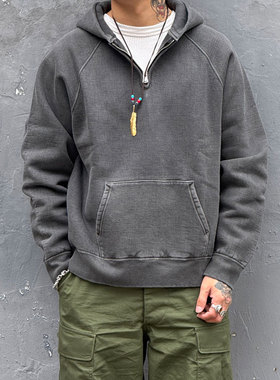 Barns 日产老式梭织机制重磅水洗做旧复古拉链领口连帽卫衣