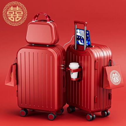 不莱玫红色行李箱结婚陪嫁专用20寸可登机密码旅行箱子母包女皮箱