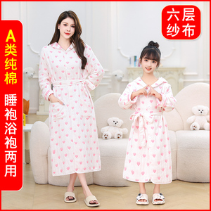 连帽加扣儿童浴袍纯棉纱布吸水毛巾料女士女孩大童泡温泉游泳浴巾