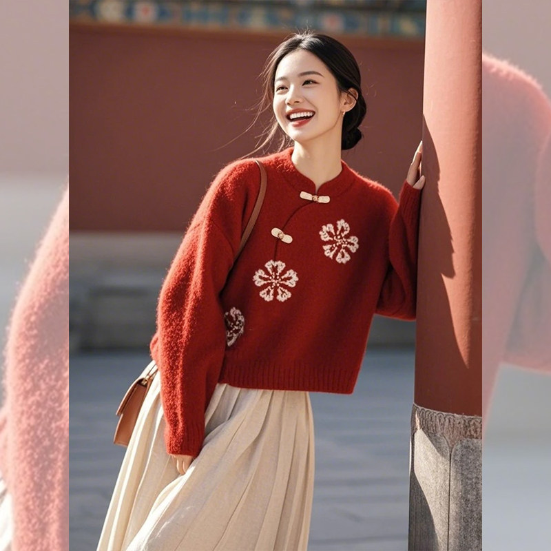 今年流行漂亮感超好看小个子新中式国风盘扣新年红色毛衣女冬,女装/女士精品,毛针织衫,淘宝优惠券,粉丝福利购,淘宝优惠卷