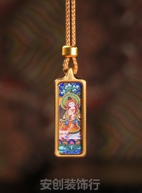 钛钢手绘描金小唐卡吊坠佛牌十二生肖黄财神大黑天扎基拉姆绿度母