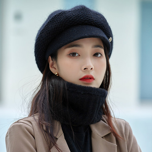 毛线帽子女2025新款冬加绒贝雷帽