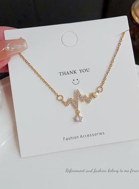 韩版ins风镶锆心电图吊坠钛钢项链女小众设计轻奢百搭锁骨链