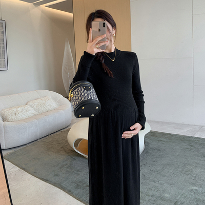 简育半高领孕妇针织连衣裙