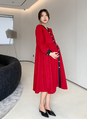 红色孕妇连衣裙秋装时尚秋季法式结B婚秋冬孕妇装秋款2022新款裙
