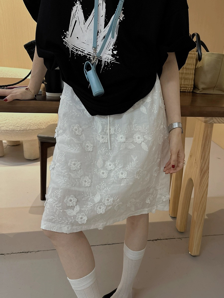 2025新款大码白色纯棉半身裙女夏立体花朵腰抽绳高腰直筒A字短裙