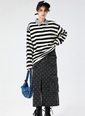 AIMEEWQ  2024秋季新款专柜百搭通勤开叉满印花牛仔半裙  S6826