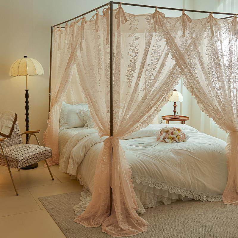 2025新款韩版蚊帐公主风三开门绑绳款床幔淡遮光加粗加厚宫廷防尘
