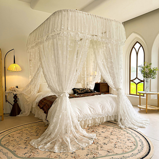 法式床幔蕾丝U型轨道蚊帐豪华别墅三开门家用公主风落地纱帐防尘