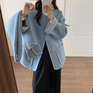 新款带围巾双面穿感双面羊毛大衣中长款秋冬加厚保暖羊绒双面外套