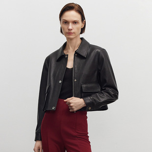 海宁2025新款 美拉德山羊皮小个子高腰真皮夹克皮衣棕色外套女 秋季