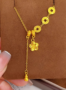 金店同款三铜钱碎冰有钱花项链久不掉色轻奢时尚高级感爆闪锁骨链