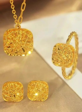 金店同款方糖花丝镂空项链耳钉戒指套装久不掉色AB不对称百搭套链