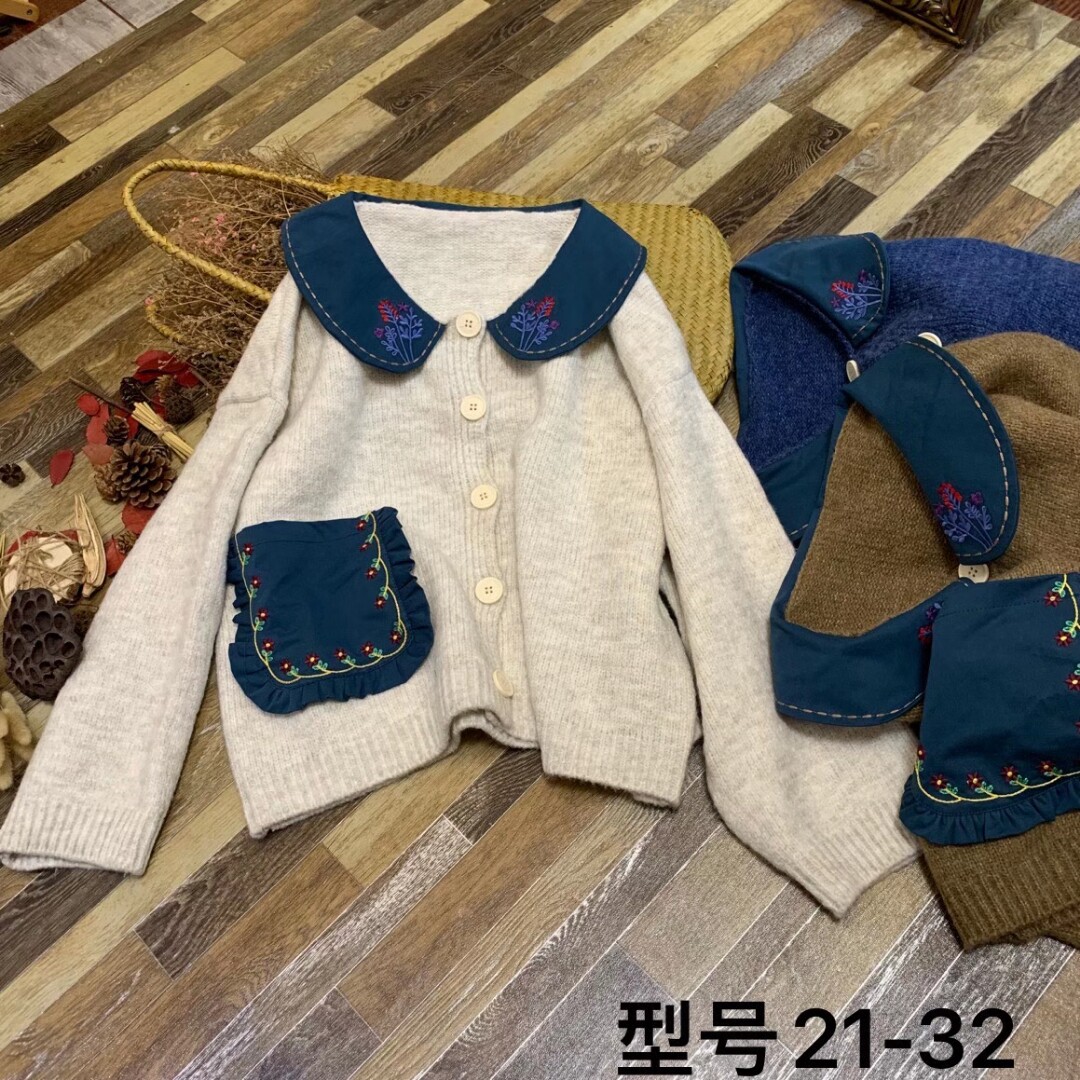 娃娃领森系学院风绣花针织开衫