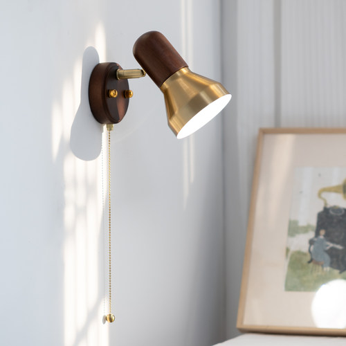 中古风实木壁灯复古民宿卧室拉线床头灯可旋转梳妆台书房阅读灯