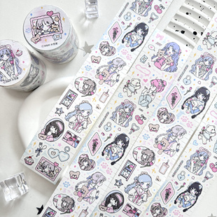 W&M水怪家月刊少女模切人物贴纸卷胶带pet双透闪砂哑膜韩系少女