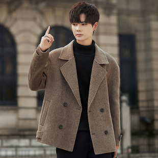 双排扣羊毛呢子外套男士双面绒大衣短款秋冬季高级感加厚妮子西装