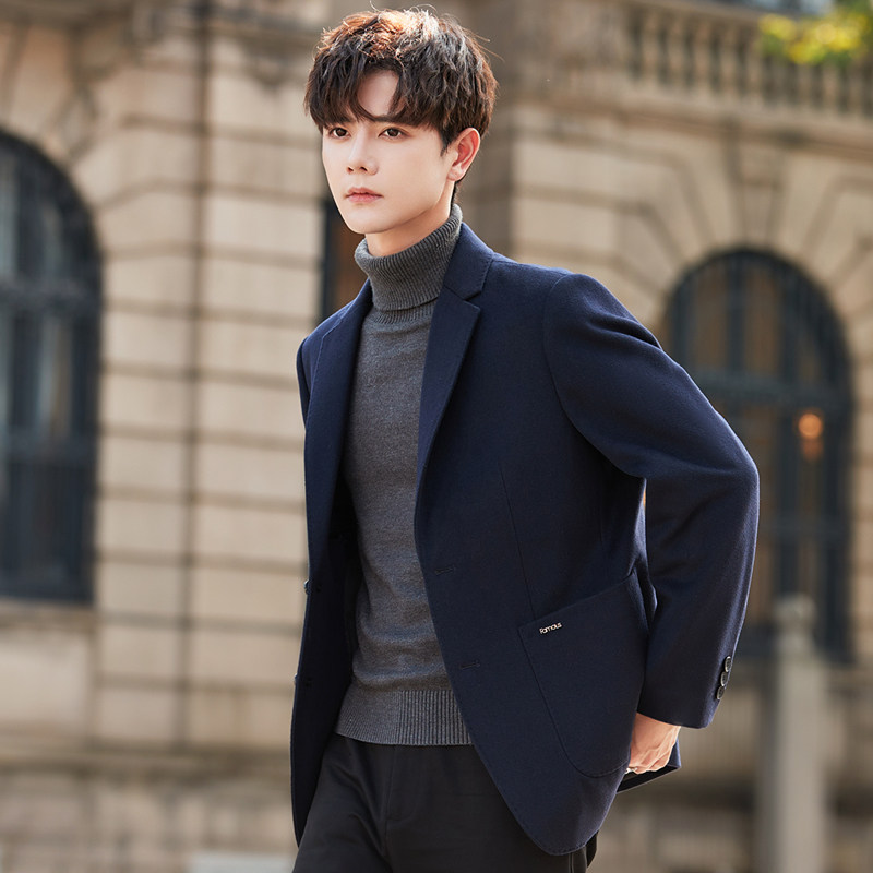 高端羊毛休闲西装男士呢子外套秋冬季小西服单件上衣加厚韩版潮流