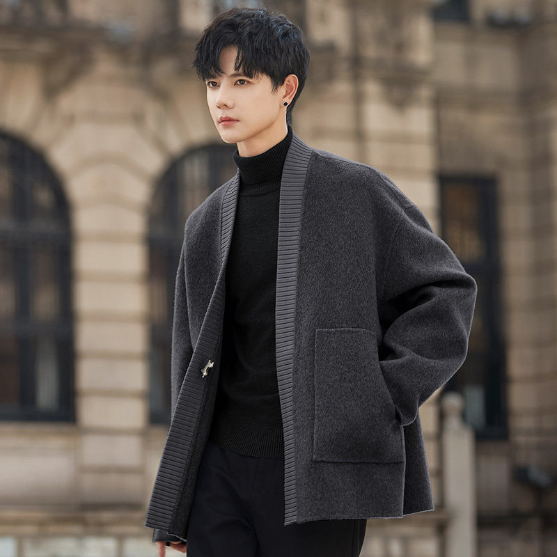 高端v领开衫羊毛呢子外套男士双面绒大衣短款冬季加厚2025新款潮