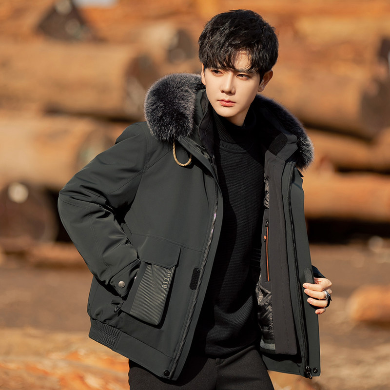 海宁男士派克服短款可拆卸兔毛内胆皮毛一体外套冬季加厚2023新款