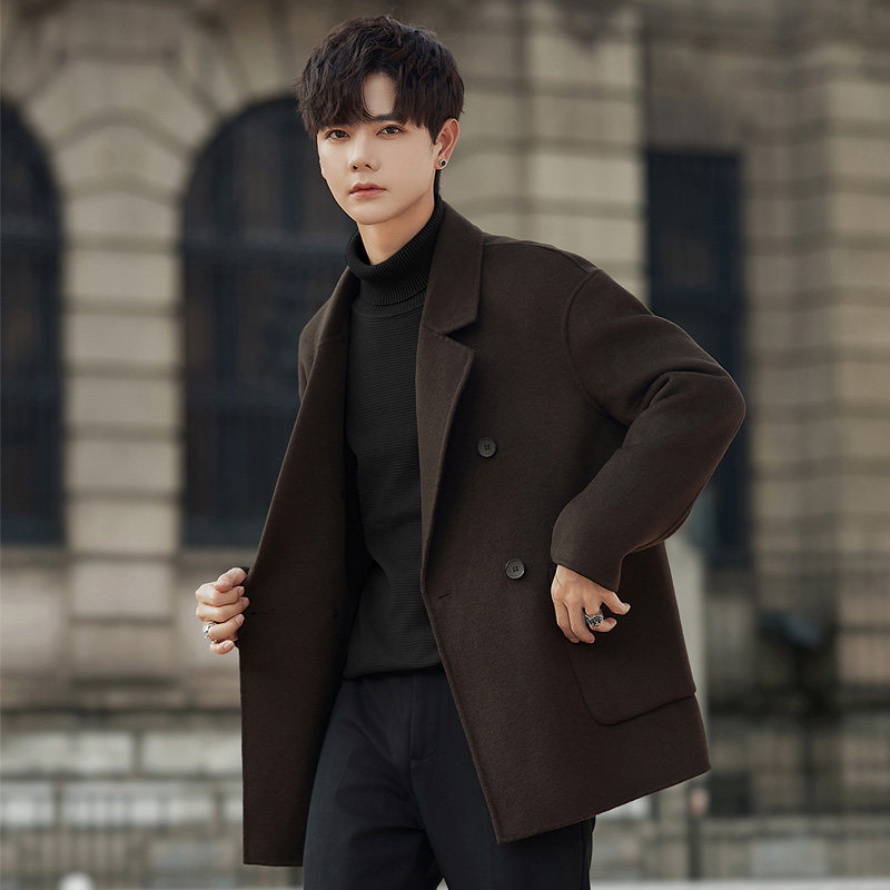 羊毛呢子外套男士双面绒大衣短款秋冬季加厚高级感西装领风衣宽松