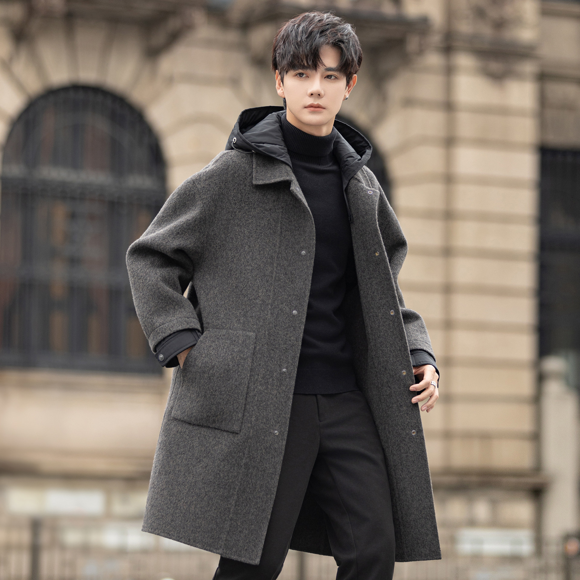 毛呢大衣男士中长款2025新款秋冬季加厚双面绒风衣连帽呢子外套妮,男装,毛呢大衣,淘宝优惠券,粉丝福利购,淘宝优惠卷