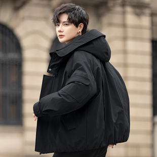 连帽羽绒服男士2025新款短款橘红色外套青少年大学生冬季加厚潮牌