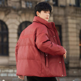 男士立领羽绒服红色冬季加厚2025新款高端品牌pu皮外套短款青少年