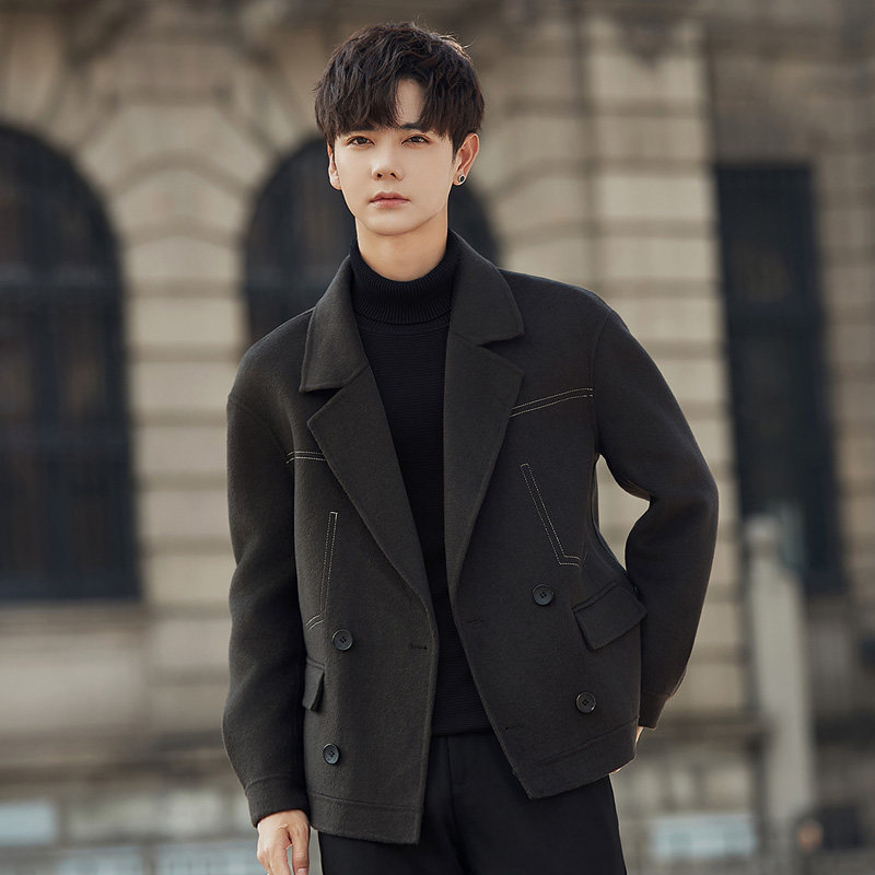 羊毛呢子外套男士双面绒大衣短款秋冬季高级感加厚双排扣妮子西装