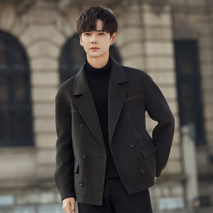 羊毛呢子外套男士双面绒大衣短款秋冬季高级感加厚双排扣妮子西装