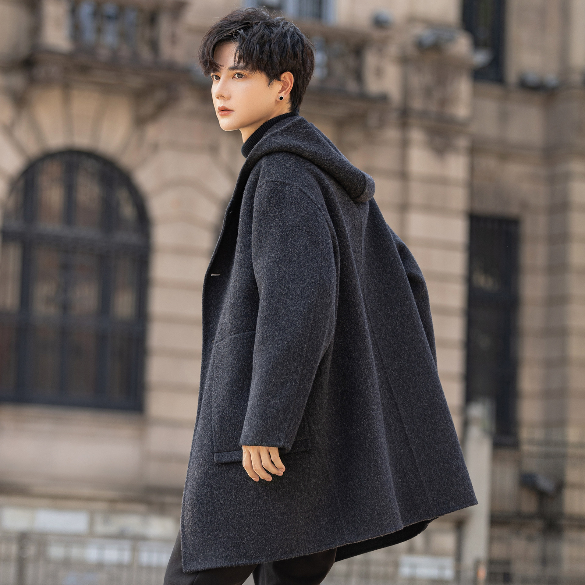 连帽羊毛呢子大衣男士双面绒外套中长款2025新款设计感秋冬季风衣,男装,毛呢大衣,淘宝优惠券,粉丝福利购,淘宝优惠卷