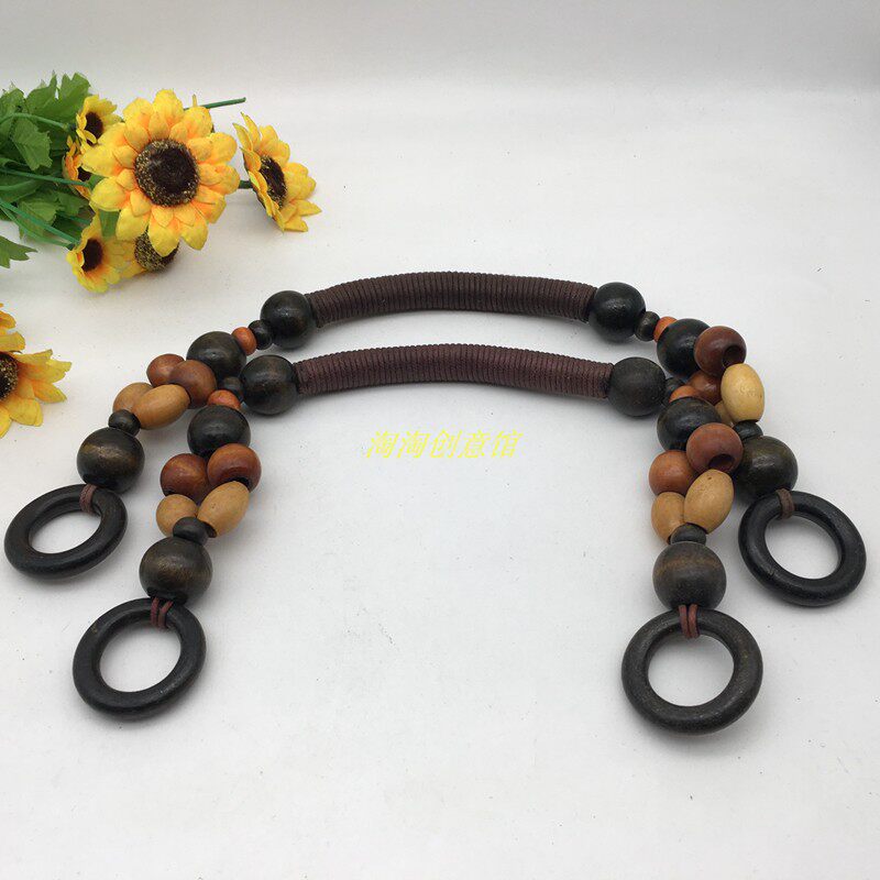 48CM彩色木珠蜡绳提手DIY让手工包串珠木挽手拼布手袋木手提木把