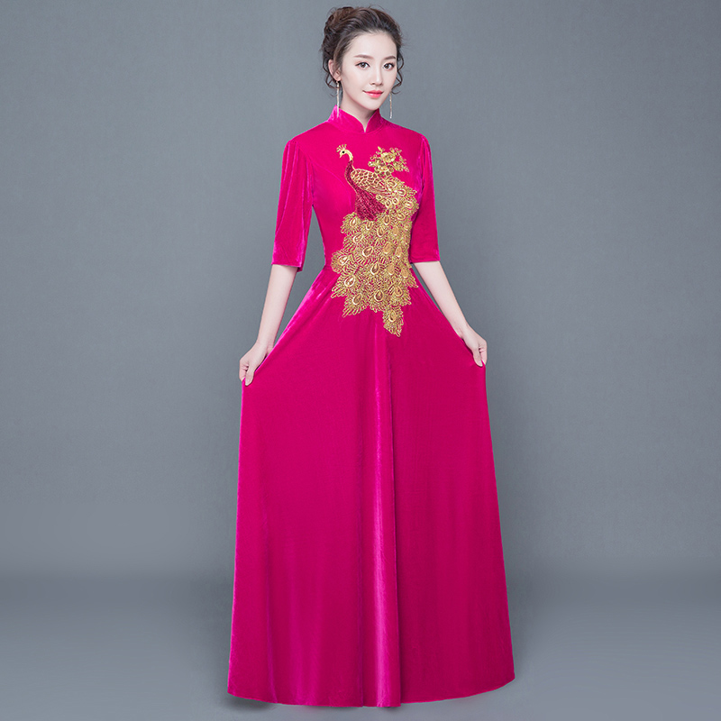 金丝绒走秀过膝中国风演出服