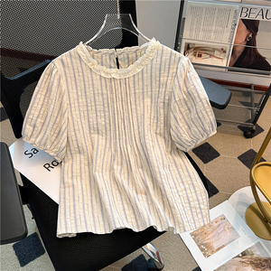 宽松显瘦法式上衣女2025年夏季韩版撞色圆领条纹抽褶泡泡短袖衬衫