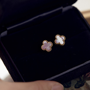 无痛蚊香盘耳夹无耳洞女轻奢高级耳饰夏 粉紫色贝母四叶草耳钉新款