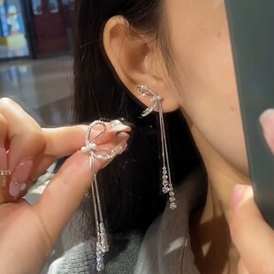 蝴蝶结流苏耳环女蚊香盘耳夹小众高级感气质耳钉冷淡风耳饰潮 法式