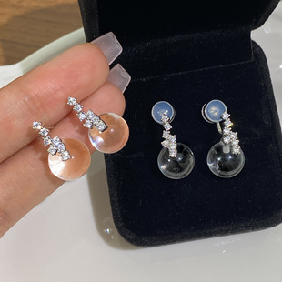 精致微镶锆石透明大圆珠珍珠耳夹清河高级感耳钉 小众设计时尚