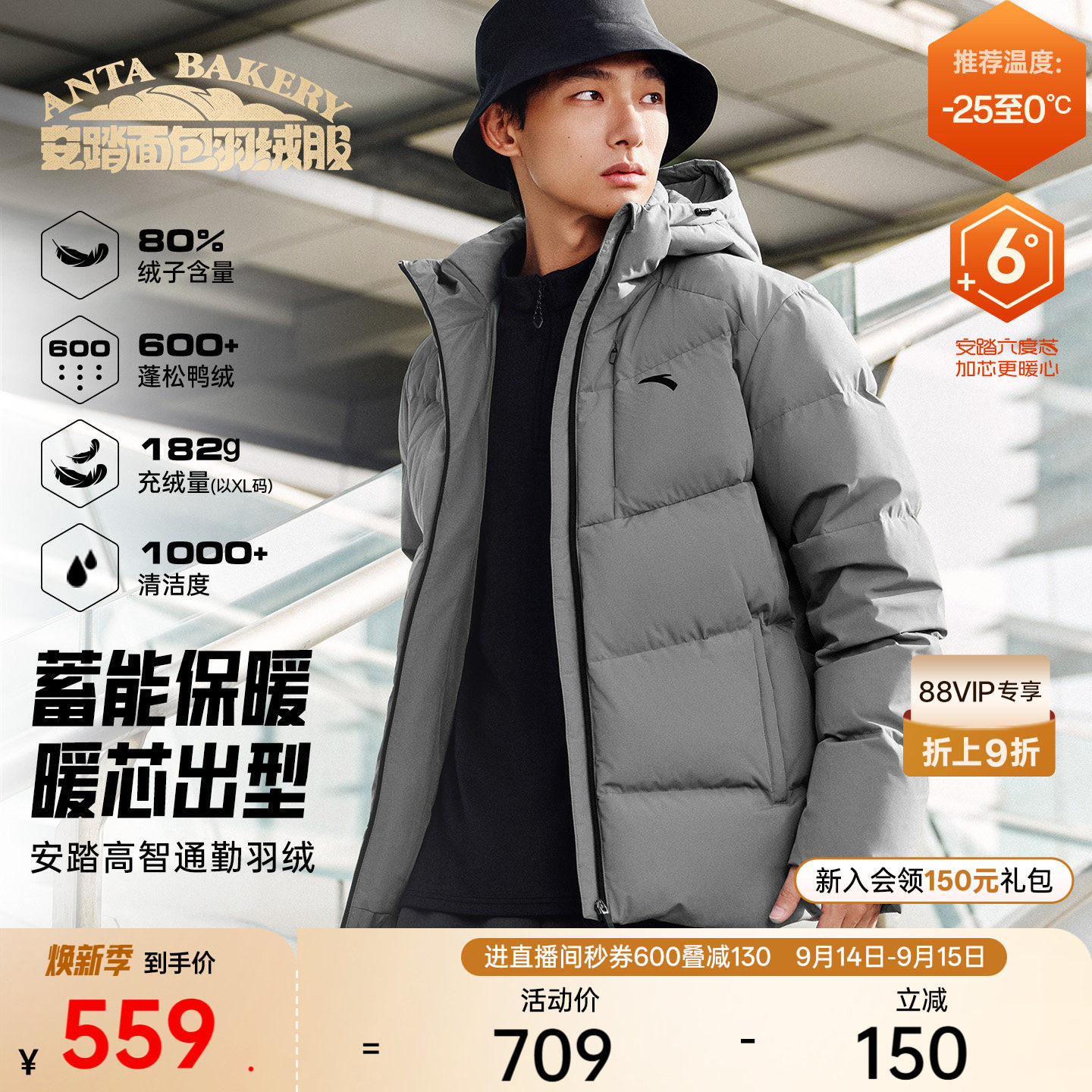 安踏男子六度芯短款羽绒服图片