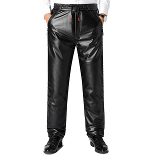 中年男士皮裤加绒加厚冬季保暖防风防水爸爸休闲机车老人直筒裤子