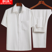 衬衫 男爸爸夏季 亚麻套装 中老年短袖 宽松翻领爷爷夏装 棉麻老人衣服