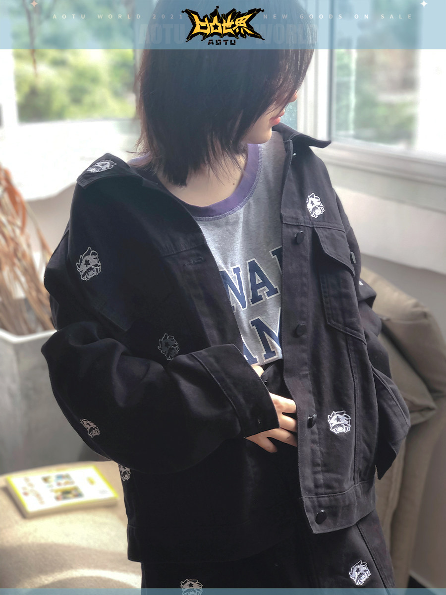 七创社凹凸世界2021年秋季绣花黑色男女外套牛仔卡套夹克刺绣雷狮