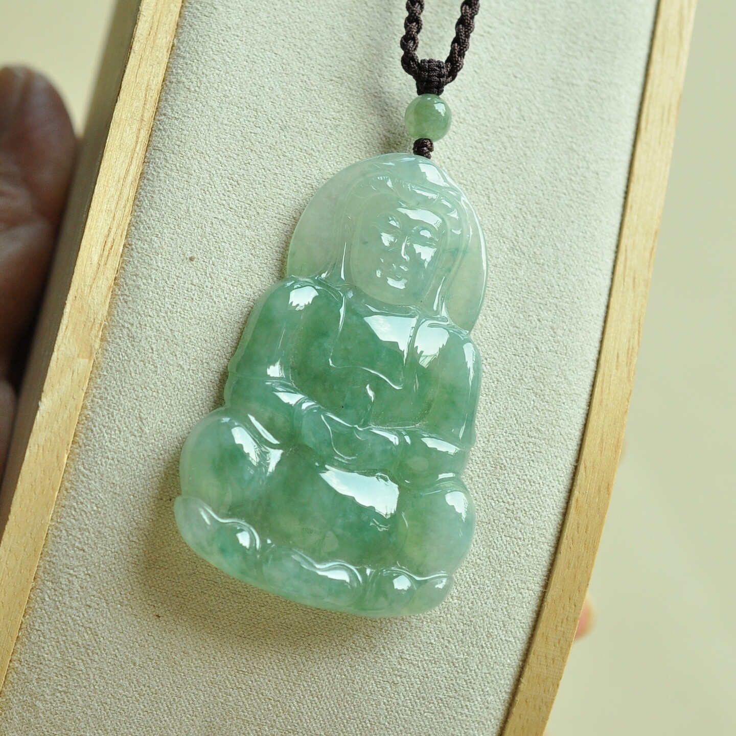 mk38老坑冰润湖水绿正装玉观音保真天然缅甸A货翡翠吊坠挂件绳