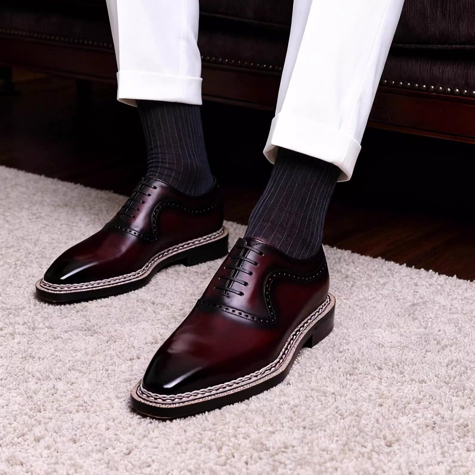 挪威缝琴底牛津鞋酒红擦色定制鞋