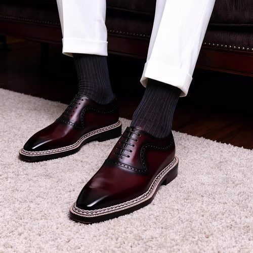 挪威缝琴底牛津鞋酒红擦色定制鞋