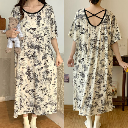 大码加肥300斤胖m睡裙女夏季短袖宽松连衣裙夏天薄款孕妇睡衣长裙