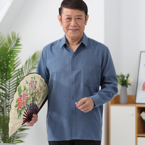 春夏季亚麻老人70岁爷爷男士衬衫