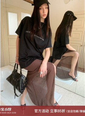 0122stepll 黑胶回响 黑色T恤女宽松简约慵懒风字母印花短袖上衣